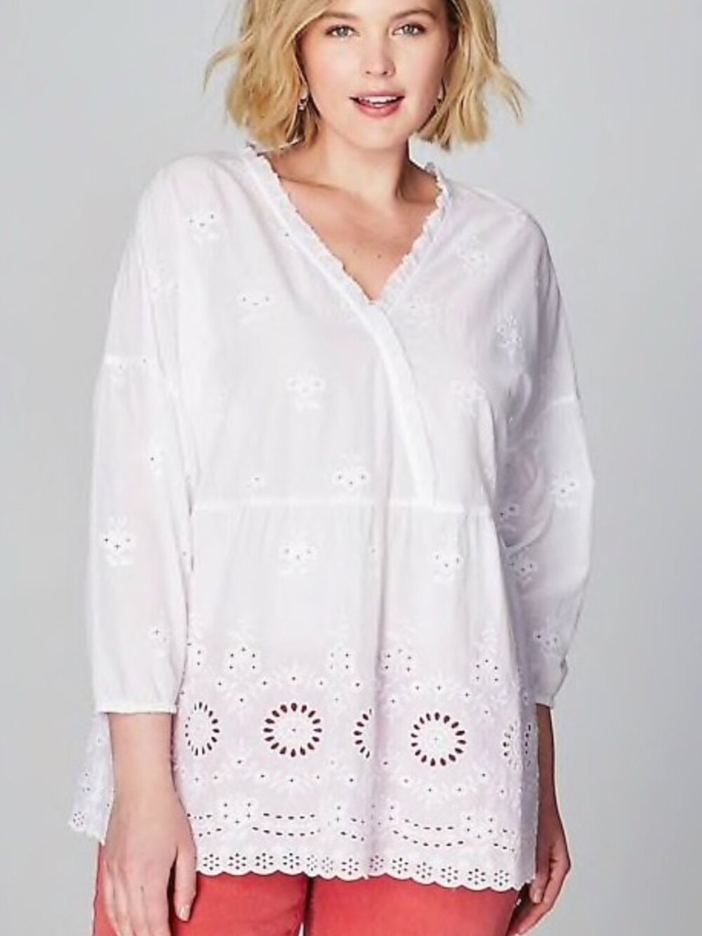 J. Jill 100% Cotton White Eyelet Embroidered Popover V-Neck Top Cottagecore Sz L